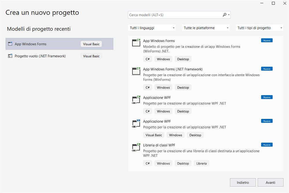 Creazione app Visual Studio Windows