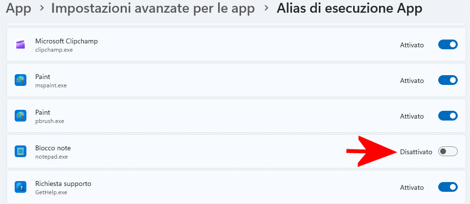 Disattivare alias Blocco Note