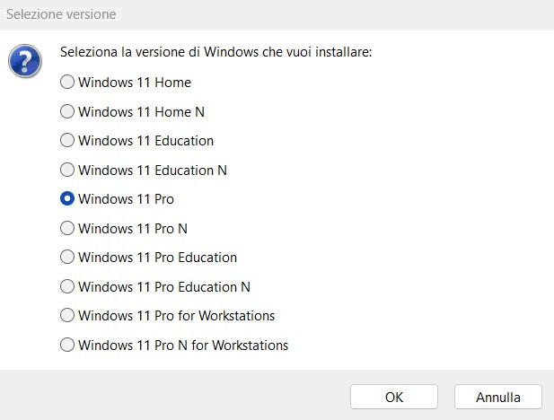 Finestra scelta edizione Windows 11 per chiavetta USB avviabile