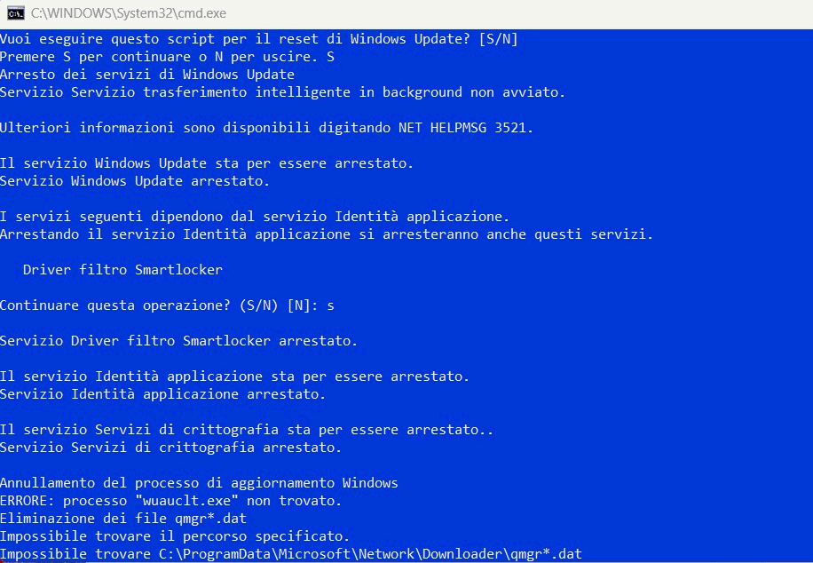 Esecuzione script ripristino Windows Update