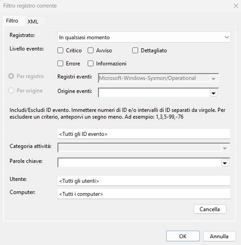 Filtro registro eventi Sysmon