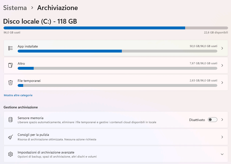 Impostazioni archiviazione Windows 11