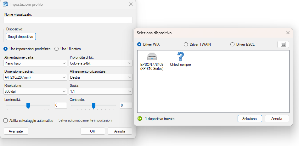 Impostazioni driver stampante TWAIN WIA ESCL