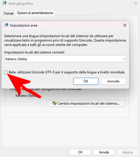 Impostazioni regionali Windows Unicode UTF-8