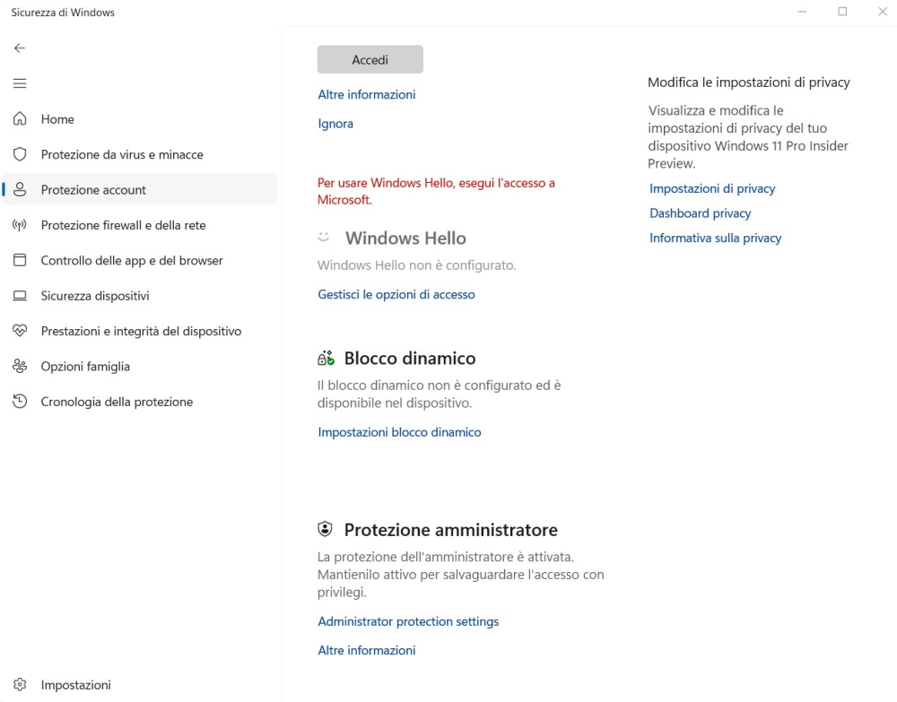 Impostazioni sicurezza Windows 11