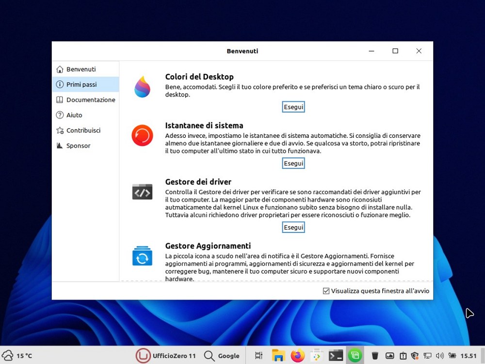 Schermata benvenuto Ufficio Zero Linux