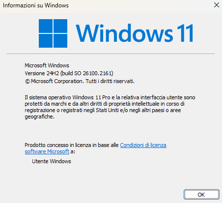 Versione Windows installata con winver