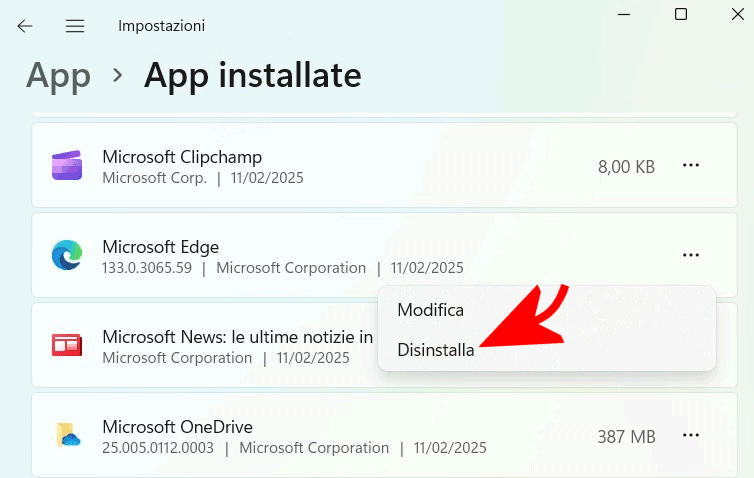 Opzione per disinstallare Edge