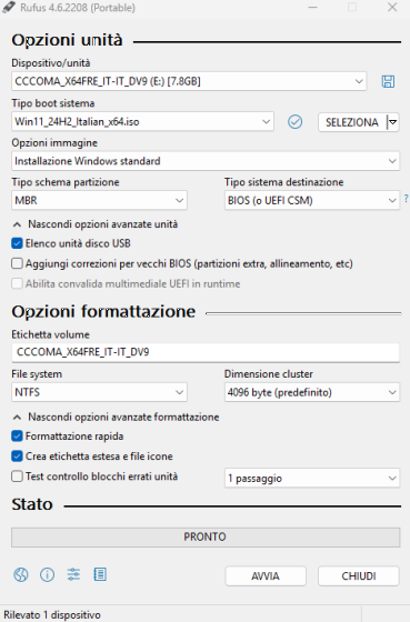 Configurazione standard Rufus per chiavetta USB avviabile