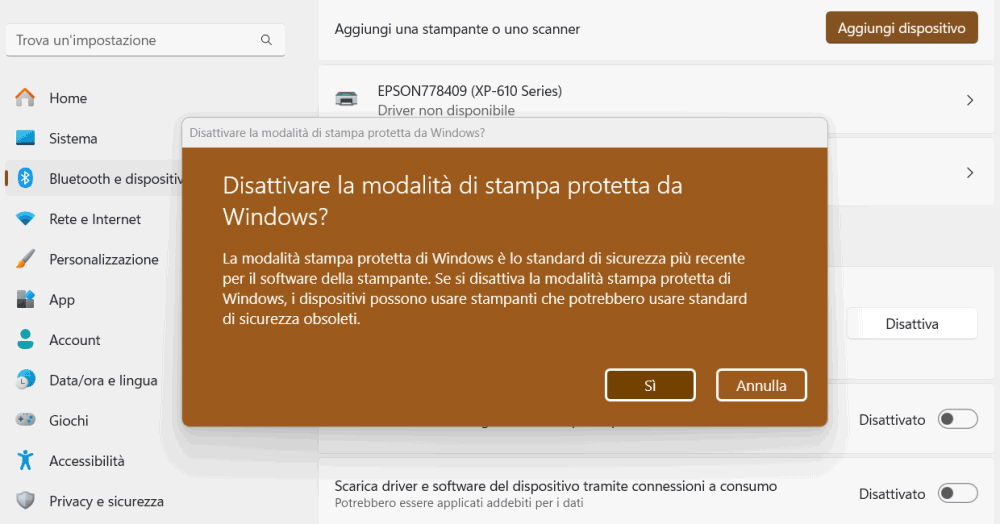 Disattivazione modalità stampa protetta Windows