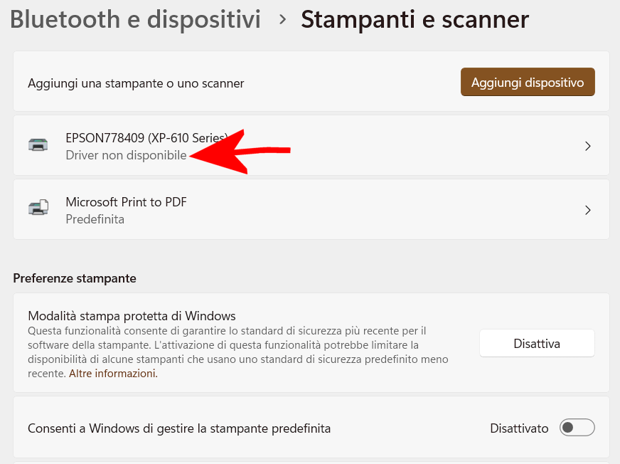 Driver on disponibile stampante Windows 11
