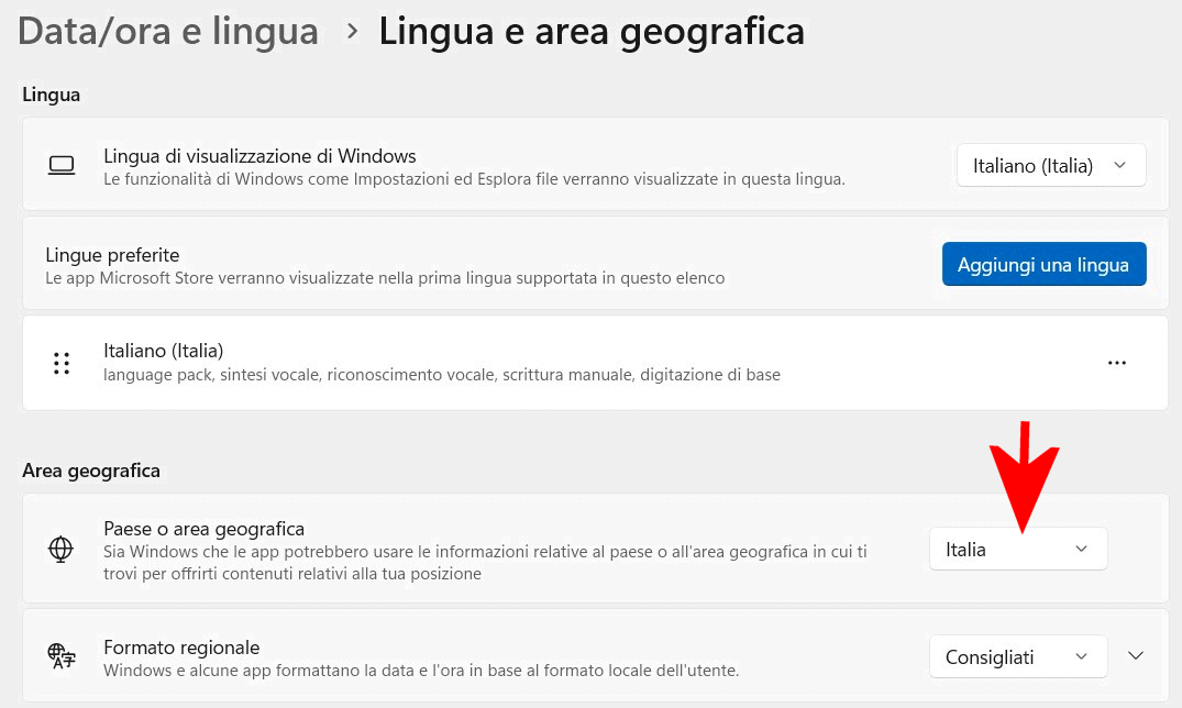 Impostazioni regionali Italia Windows 10 e 11