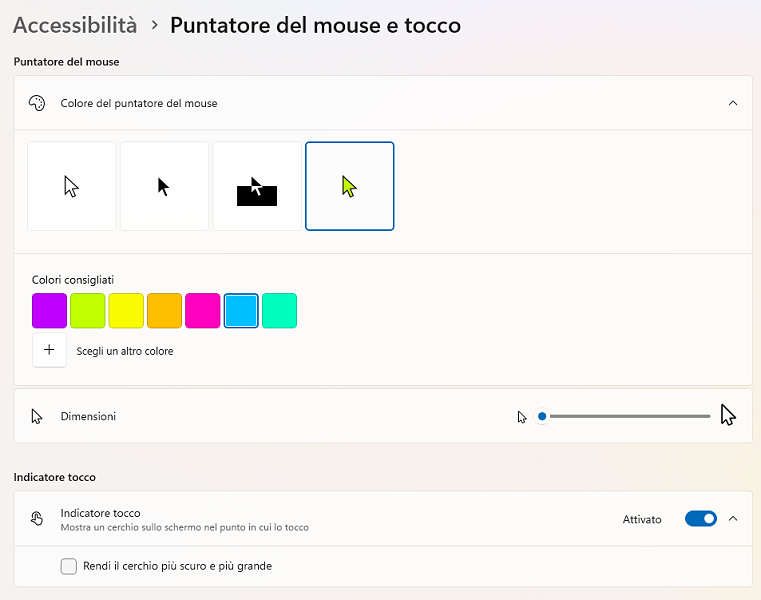 Personalizzazione puntatore mouse