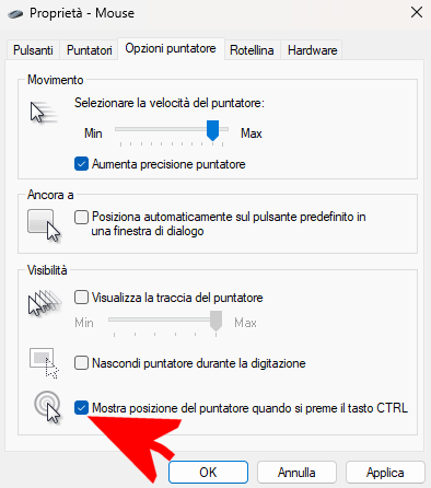 Posizione puntatore mouse Windows CTRL