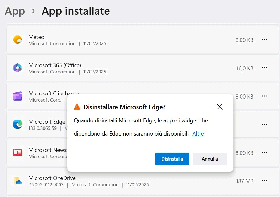 Rimozione Microsoft Edge