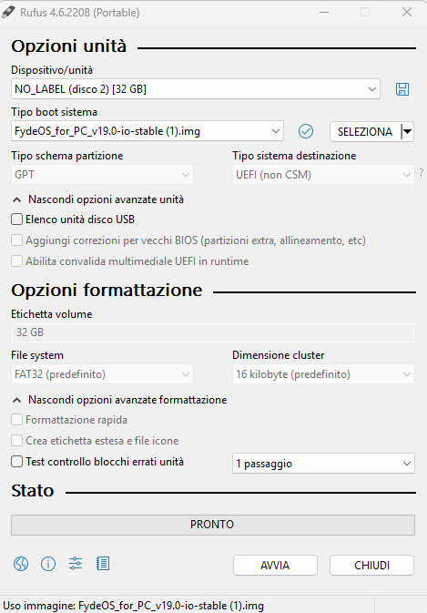 Chiavetta USB avviabile FydeOS con Rufus