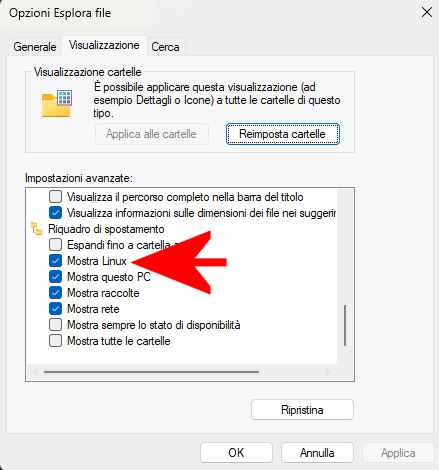 Visualizzare o nascondere icona Linux in Esplora file Windows