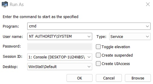 Prompt dei comandi Windows con diritti SYSTEM