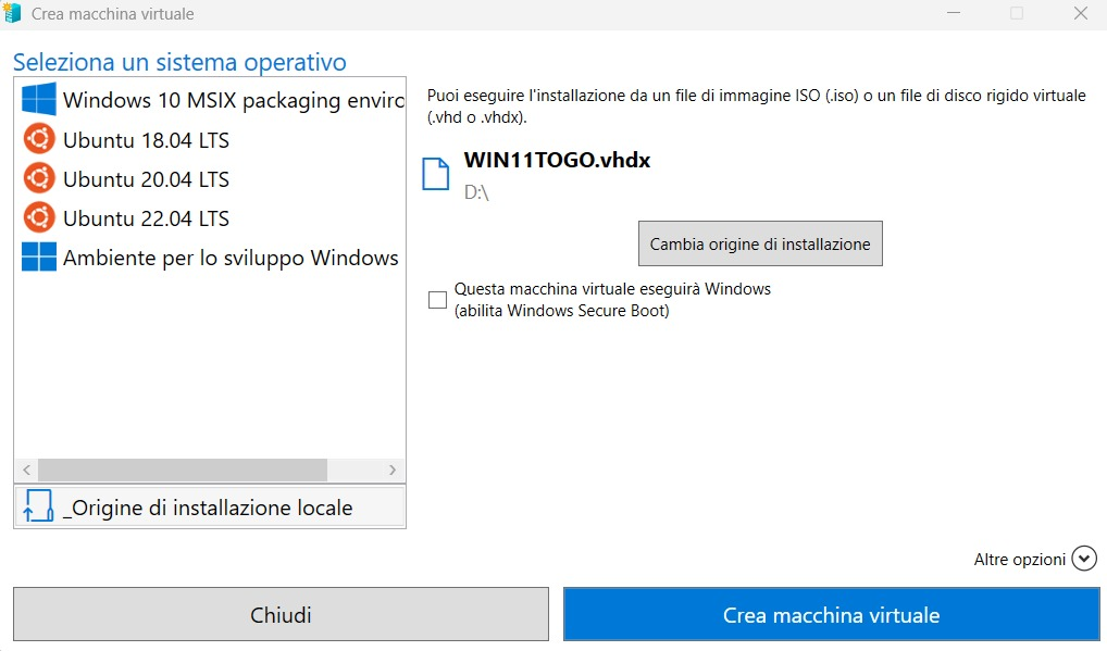 Avvio VHDX Windows To Go con Hyper-V