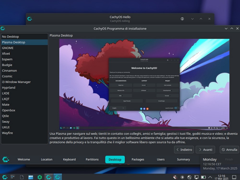 CachyOS, scelta desktop environment