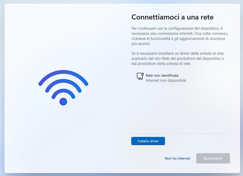 Disattivazione connessione Internet installazione Windows 11