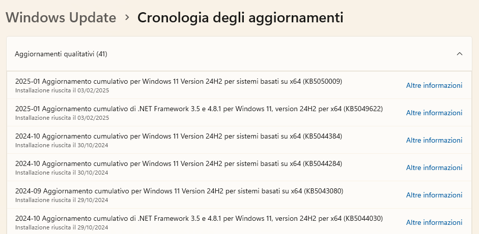 Cronologia ultimi aggiornamenti Windows 11