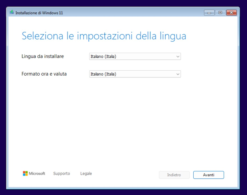 Installazione Windows 11, scelta lingua