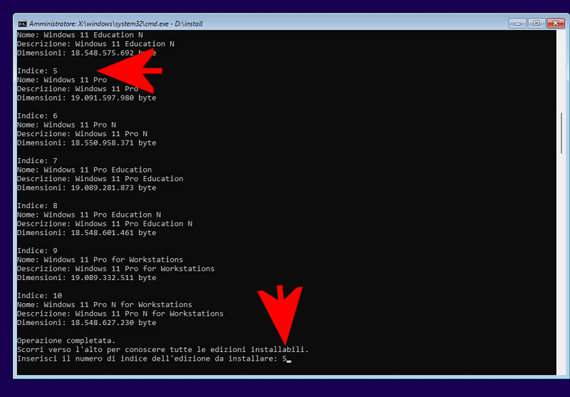 Scelta edizione Windows 11 da installare