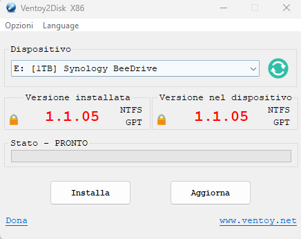 Versione Ventoy installata dispositivo USB