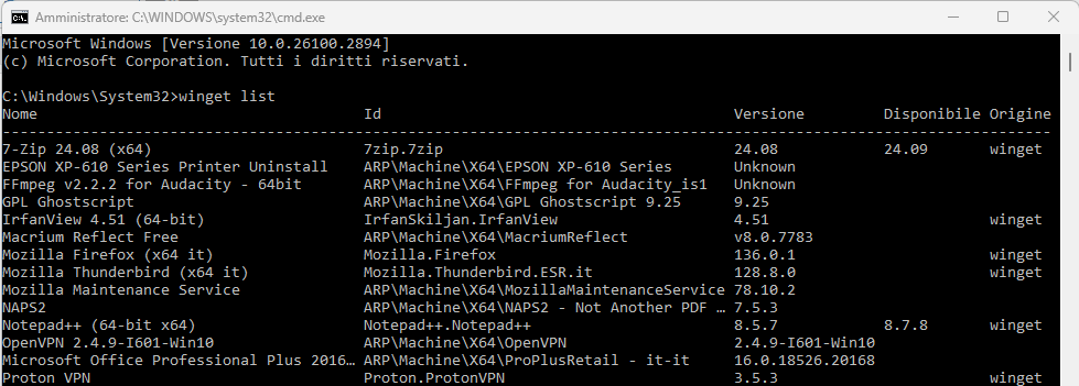 Winget, programmi installati in Windows 10 e 11