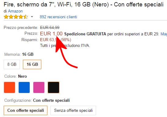 Amazon Kindle Fire 7 pollici in promozione a 1 euro